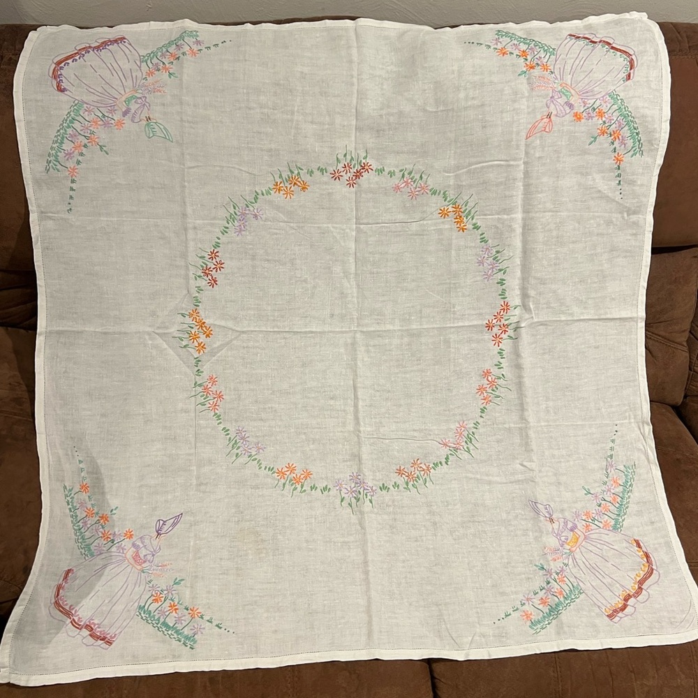Embroidered Bonnet Girl dress flowered linen tablecloth large square